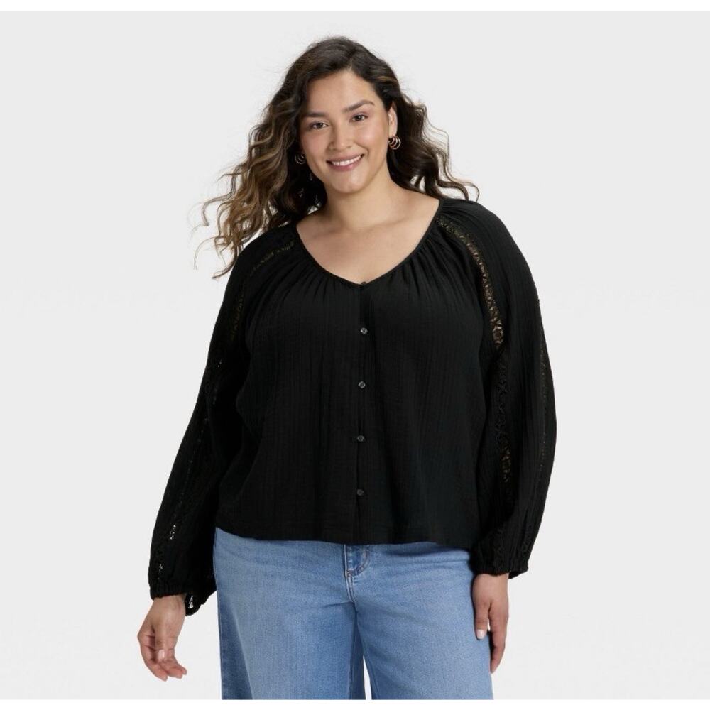 Universal Thread Lace Blouse Balloon Long Sleeves Button Oversized XXL Black